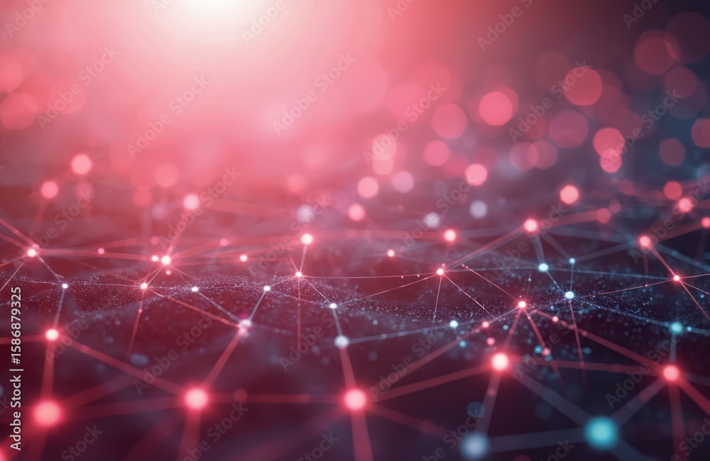 Poster abstract background with interconnected glowing molecules and polygonal shapes. dots and lines form 