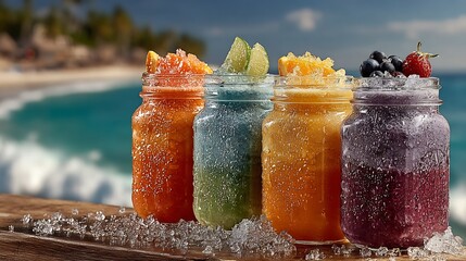 Vibrant, ice-cold fruit drinks in mason jars, perfect for a sunny beach day.