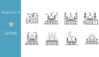 Black and white mosque line icon set with crescent moons stars and sunburst elements