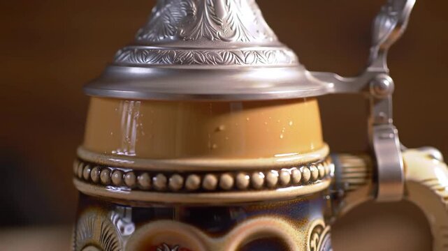 A close up shot of a vintage beer stein with a silver lid and ornate detailing on the body