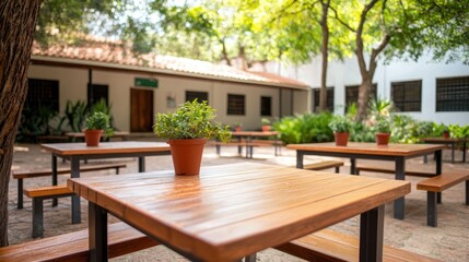 Obraz premium Peaceful Outdoor Reading Area with Wooden Benches and Tables for Students to Relax and Study During School Break in a Lush Natural Campus Setting