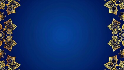 Elegant golden decorative frame with intricate floral ornaments on a rich royal blue background. Luxury design with copy space for invitations or festive events.