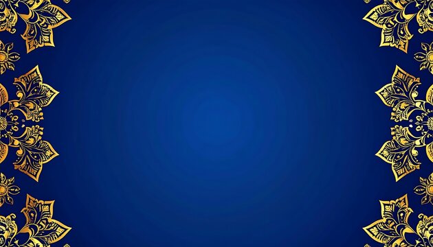 Elegant golden decorative frame with intricate floral ornaments on a rich royal blue background. Luxury design with copy space for invitations or festive events.