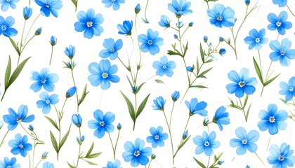 Fototapeta premium Delicate blue watercolor flower seamless pattern. Elegant botanical illustration of spring wildflowers, possibly flax or forget-me-nots, with green stems and leaves on a clean white background.