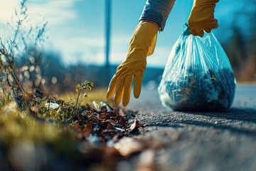 Volunteer roadside cleanup; sunny day, rural area