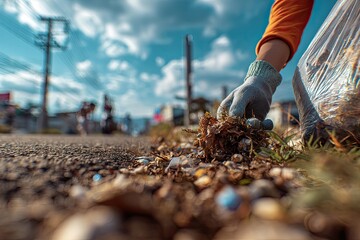 Obraz premium Coastal cleanup volunteer removes debris near road