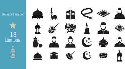 Black religious icons set with mosque, Kaaba, crescent moon, prayer beads, and other symbols on