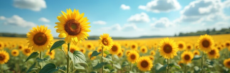 Obraz premium Vibrant sunflower field under bright blue sky with fluffy clouds. Sunflowers stand tall, yellow petals radiating warmth, summer energy. Vast expanse of golden blooms stretches to horizon, creating