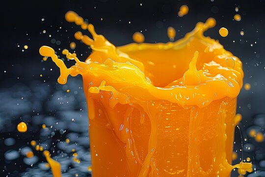 Close-up shot of orange juice splashing energetically against a dark background. The vibrant color and action evoke a refreshing and lively mood.
