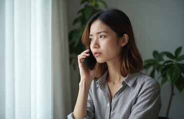 Young woman receives bad news during phone conversation. Concerned lady listens intently to smartphone. Girl concentrates, thinking on response, showing worry and serious thoughts.