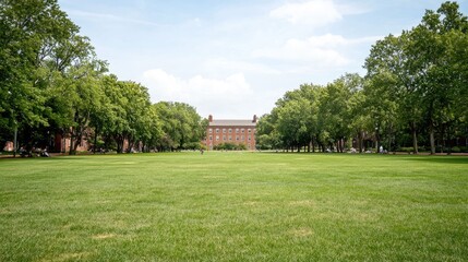 Fototapeta premium Serene park scene with families and children relaxing and engaging in various leisure activities on the lush green lawn during a school break