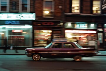 A car drives through a city street at night, enveloped in a blurry, mysterious atmosphere. Urban lights reflect off the vehicle, enhancing the nocturnal vibe.