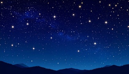 Fototapeta premium Panoramic banner of an amazing starry night sky with the Milky Way, constellations, and shining stars over a dark mountain and forest landscape.