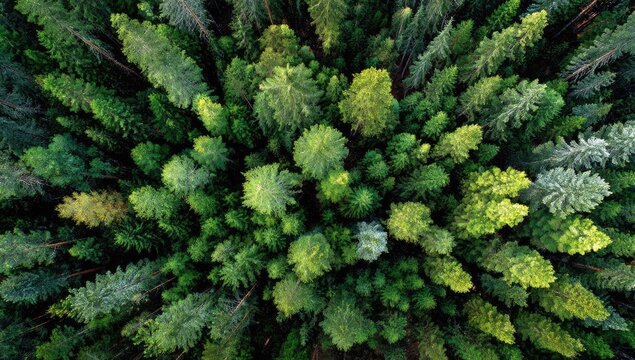 Aerial view of a lush evergreen forest canopy