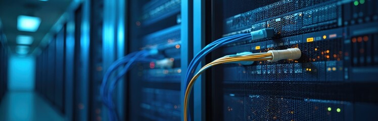 Server racks with fiber optic cables create modern data center technology background. Electric wires, ethernet plugs connect equipment, network infrastructure, cybersecurity, information technology