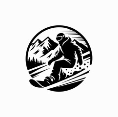 Fototapeta premium Snowboarder Riding Down Mountain – Winter Sports Vector Logo in Black and White