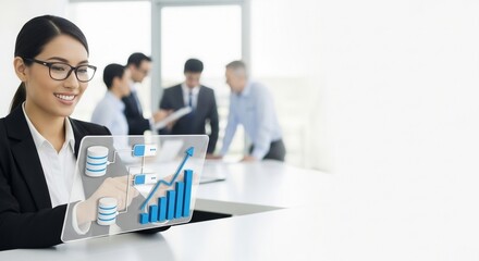 Asian businesswoman using holographic data analytics in office