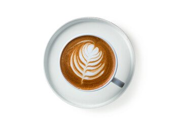 Cup of hot coffee isolated on white background. top view