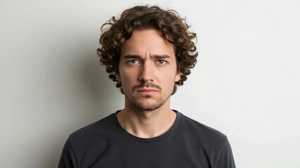 Portrait of a concerned young Caucasian man with curly hair looking at the camera. Serious handsome male with a worried and confused expression on a plain background.