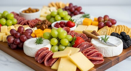Appetizing Charcuterie Board with Cheeses Meats and Fruits on Brown Tray