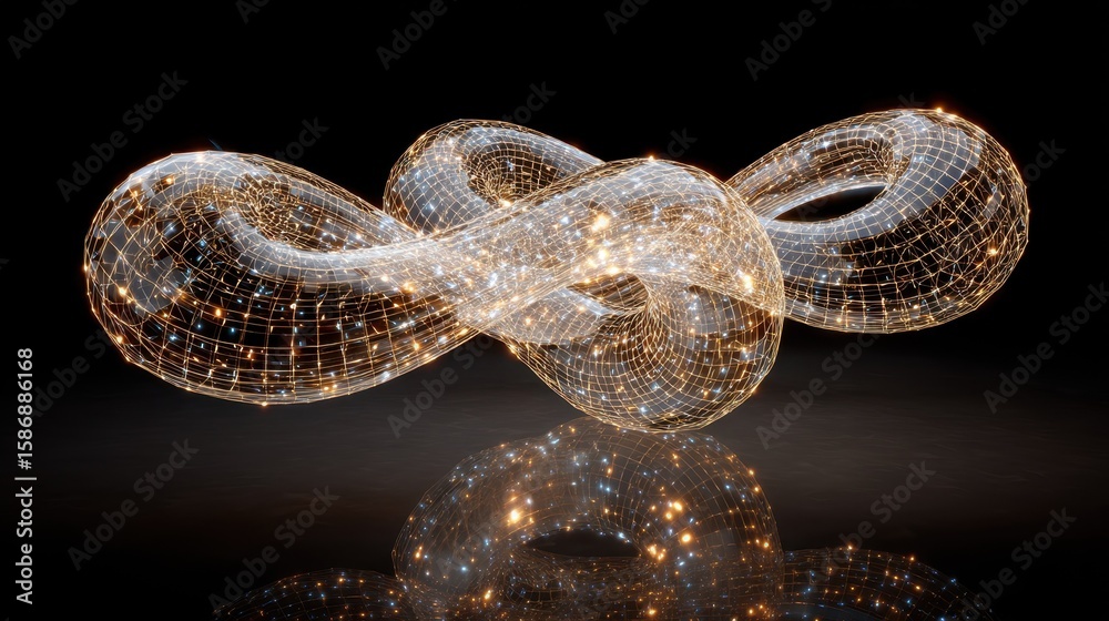 Aufkleber Glowing interconnected nodes forming quantum inspired infinity symbol levitating over reflective surface, generating dynamic visual representation of computational complexity