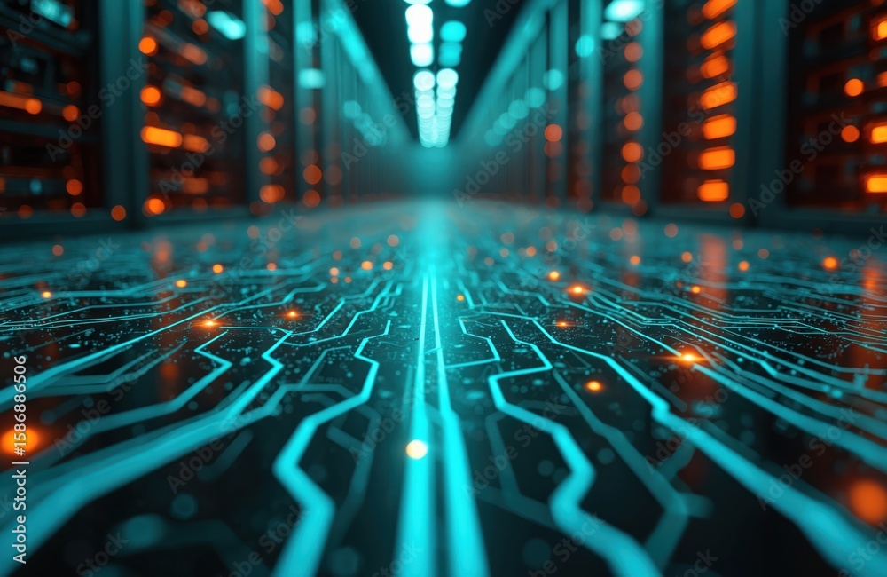 Poster abstract digital network featuring glowing cyan circuits and orange data points. servers in backgrou