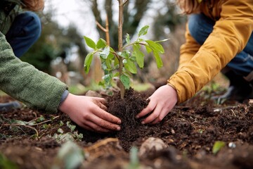 Children planting a tree in garden, spring