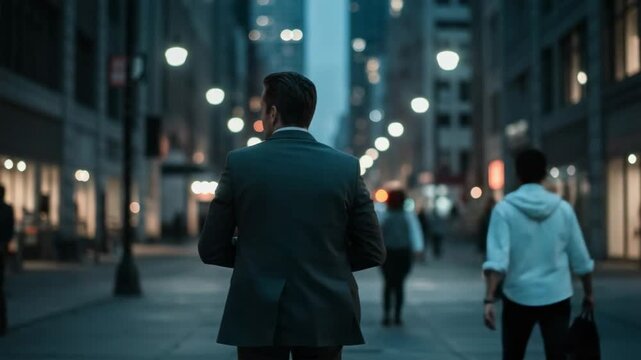 A worried businessman looks back while running on a dark city street at night. Cinematic thriller scene with a sense of paranoia and danger.