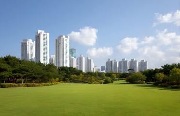 Lush green parkland stretches before modern high-rises.