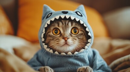 A curious cat donning a shark costume, lounging on a comfy bed, showcasing playful pet fashion and whimsical feline fun