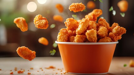 Delicious Fried Chicken Bites in Orange Container - Crispy and Mouthwatering Snack for Food Lovers