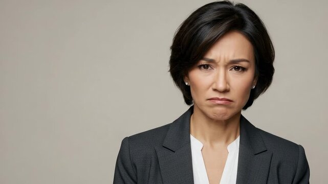 Portrait of a skeptical and disappointed Asian businesswoman. Upset female professional with a negative facial expression on a grey background with copy space.