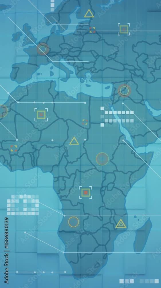 Poster world map with data points and hexagonal patterns, data analysis animation