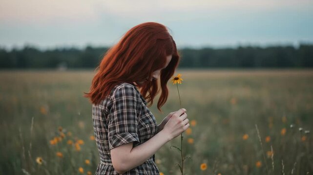 Pensive redhead woman holding a yellow flower in a field. Profile portrait of a sad beautiful girl in a plaid dress with a wildflower in nature.