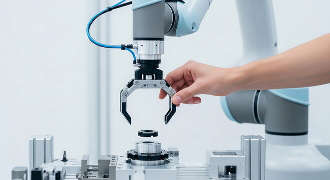 Human hand and robotic arm working in modern factory