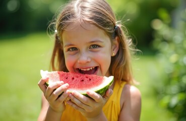 Joyful 6 year old girl laughs eating juicy watermelon slice outside on bright sunny summer day. Wears casual yellow dress, enjoying refreshing picnic in green park, embodying childhood innocence,