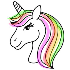 Mythical creature illustration. Unicorn head art. Colorful mane Vector. Fantasy animal emblem.