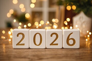 Decorative white blocks displaying the year 2026, surrounded by warm bokeh lights on a wooden surface, creating a festive and celebratory atmosphere for New Years celebrations