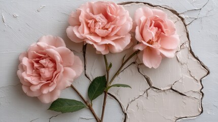 Elegant Pink Roses Against a Cracked Surface with Artistic Silhouette