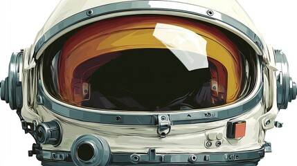 Illustrated, detailed, off-white astronaut helmet with orange-tinted visor