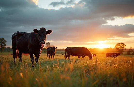 Black Angus cows graze at dusk in lush green Australian pasture. Golden sunset light illuminates field and highlights cattle. Sustainable farming practices evident in this tranquil countryside scene.