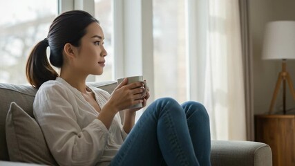 Thoughtful young Asian woman relaxing on a comfortable sofa at home. She is holding a mug of coffee or tea and looking out the window, enjoying a quiet moment. - Powered by Adobe