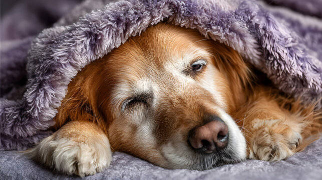 Cute Senior Golden Retriever Sleeping, Relaxing, Looking Under Blanket, Cozy Winter Dog Nap, Peaceful Pet Resting on Bed, Warm and Fluffy Canine Comfort, Adorable Dog Wrapped in Soft Purple Blanket