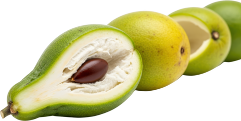 Sliced green avocado with large brown seed whole avocados in a row isolate