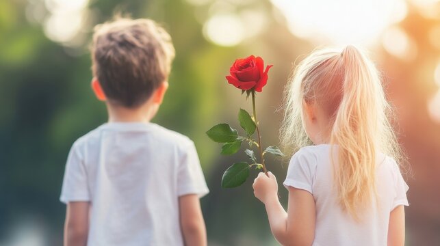 Children enjoy playful moment outdoors while holding a red rose at sunset - Powered by Adobe
