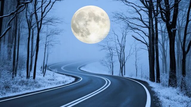 Enchanting Winter Night: Moonlit Road Winding Through Snowy Forest