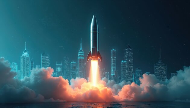 Futuristic silver rocket blasts off vertically over cityscape. Abstract digital art style features glowing engines, smoke clouds, starry night sky, modern skyscrapers. Concept art for space