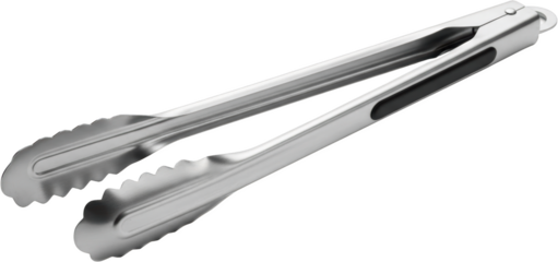 Stainless steel kitchen tongs with textured gripping ends and black accents transparent background