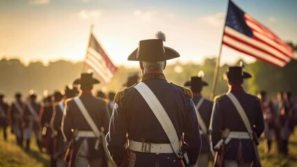 Revolutionary war reenactment with soldiers walking forward, carrying the American flag during a sunset, wearing historical costumes