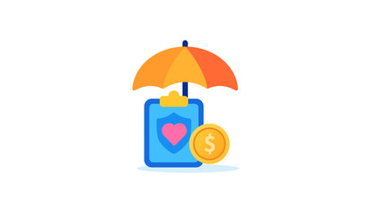 Glossy insurance icon with umbrella, heart clipboard, and coin, representing protection and financial care